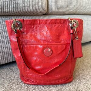 COACH Bag Coral Orange Silver Tote Handbag Authentic Purse Logo Tag